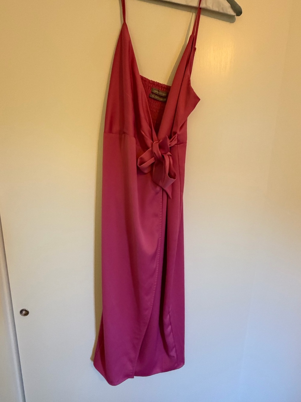Pink Satin Wrap Slip Dress with Tie Waist